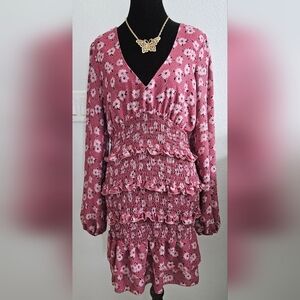Trixxi Pink Floral Smocked Ruffle Mini Dress Size L Cottagecore